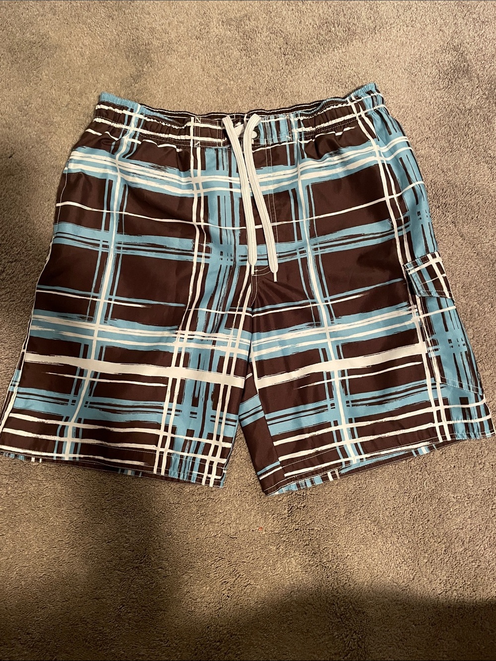 Men's Plaid Swim Board Shorts in Brown and Light Blue